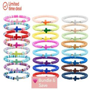 Handmade Polymer Clay Beaded Bracelets, Stretch Fit, Christian Cross Design